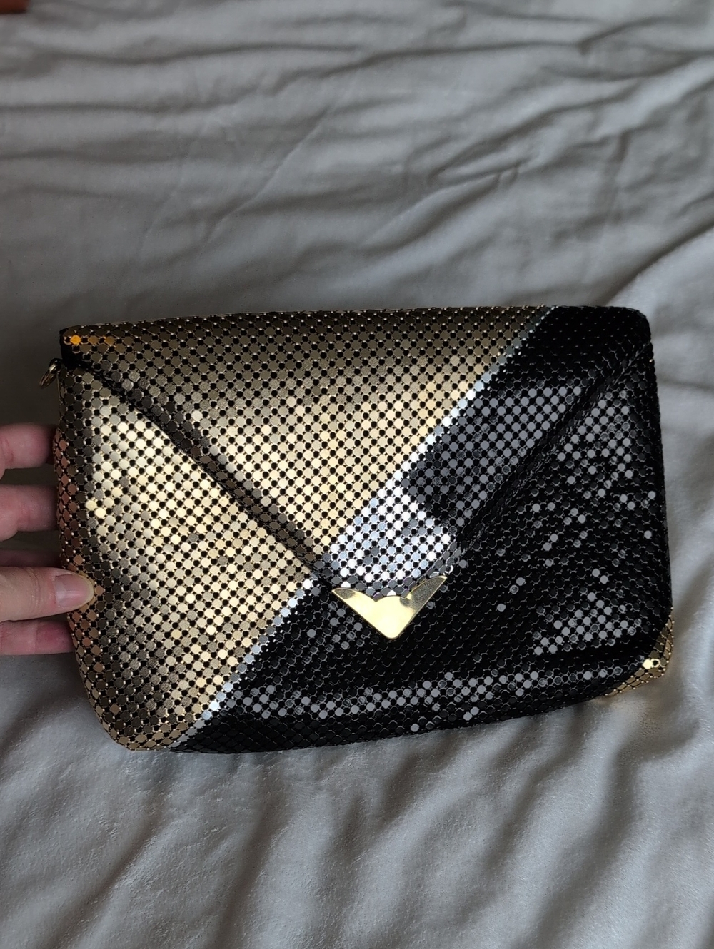 Vintage Towanny Metal Mesh Clutch Evening Bag Black Gold Silver Geo 1980s MINT